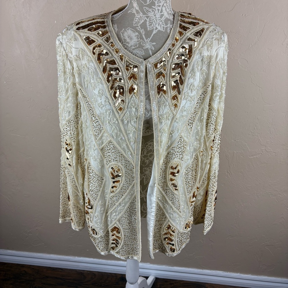 Vintage Royal Feelings Cream Ivory Embellished Beaded Evening Jacket Silk 2X
